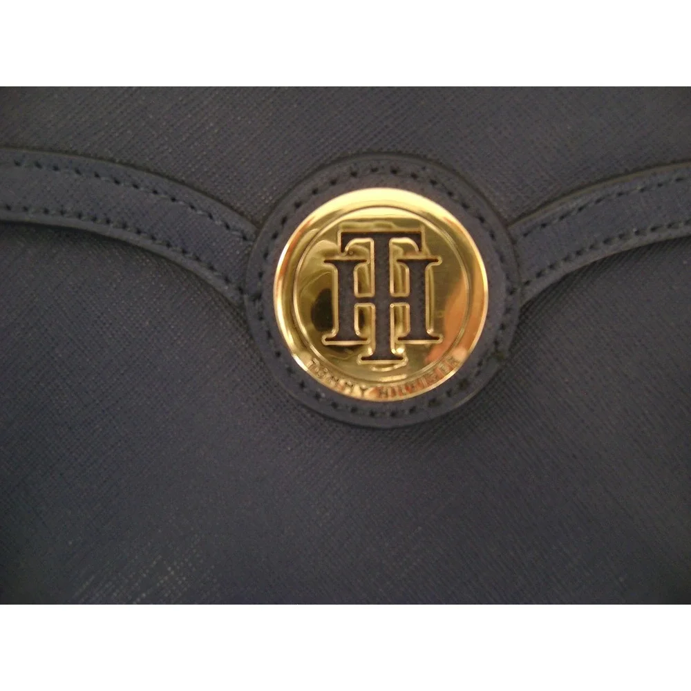Tommy Hilfiger Navy Blue Saffiano Crossbody Bag Gold TH Logo Medallion Purse